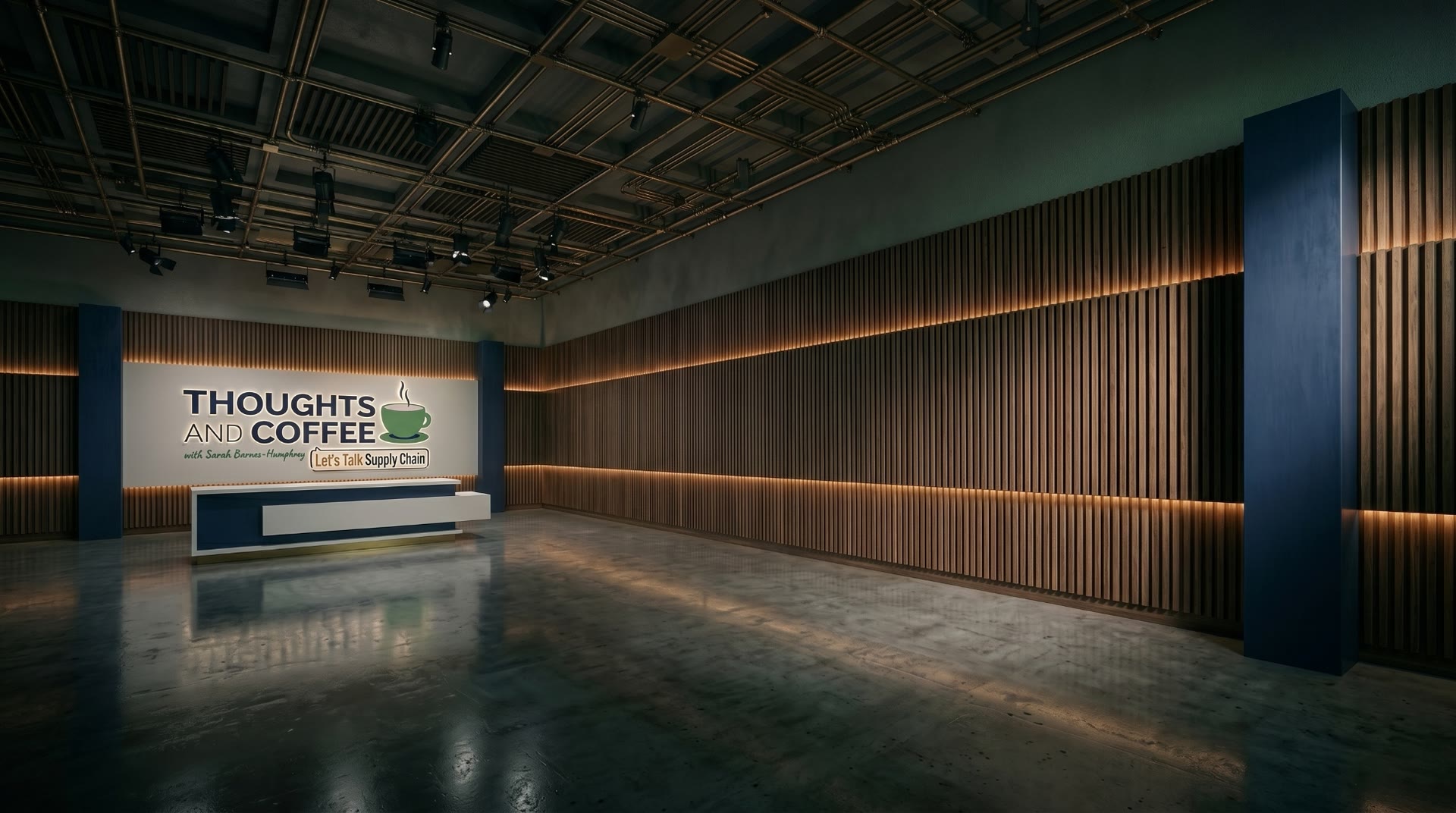 Thoughts and Coffee studio — green cyc wall and production lighting